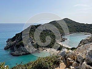 Scenic view of the Porto Timoni beach with a beautiful seascape in the background