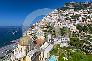 Scenic view of Positano, beautiful Mediterranean village on Amalfi Coast in Campania, Italy