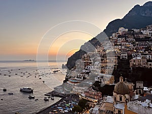 Scenic view of Positano at sunset. Amalfi Coast, Italy