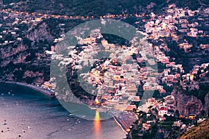 Scenic view of Positano town after sunset, Amalfi coast, Italy