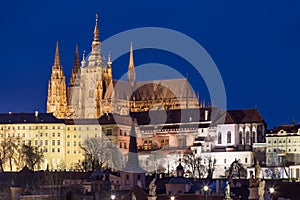 Scenic view on Prague Castle and the St. Vitus cathedral and historical center of Prague, buildings and landmarks of old town