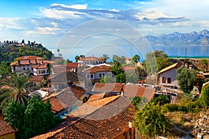 Scenic view of private houses, mountains and Mediterranean Sea in Antalya, Turkey