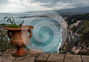 Scenic view from public garden in Taormina, Sicily
