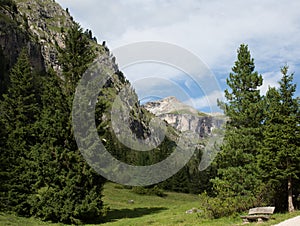 Scenic View of Puez Odle in the Dolomites in South Tirol Italy. Landscpe view from Langental, Vallunga in Selva di Val Gardena, Gr photo