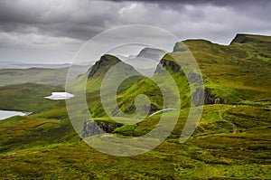 Scenic view of Quiraing mountains with dramatic sky, Scottish hi