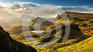 Scenic view of Quiraing mountains in Isle of Skye, Scottish highlands, United Kingdom. Sunrise time with colourful an rayini