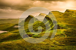 Scenic view of Quiraing mountains sunset with dramatic sky, Scot