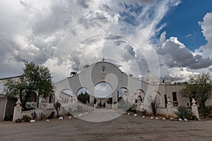 Scenic view of the rear entrance into the San Xavier del Bac Mission in Tucson, Arizona