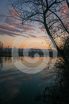 Scenic view of the river Mures in Transylvania, Romania at sunset