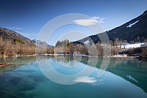 Scenic view on river source lake zelenci, slovenia