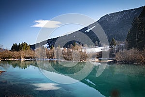 Scenic view on river source lake zelenci, slovenia