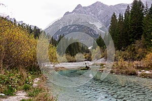 Moos - Scenic view of river Weissbach (Rio Bianco) in panoramic valley Fischleintal, Moos, South Tyrol photo