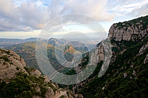 Scenic view of a rivery valley on a stormy day in Spain