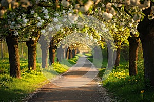 A scenic view of a road flanked by trees adorned with numerous white flowers, Tranquil park pathway lined by blossoming apple tree