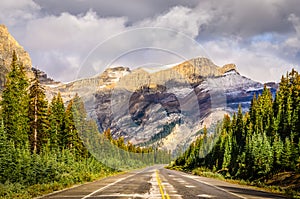 Scenic view of the road on Icefields parkway, Canadian Rockies photo