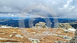 Scenic view of rock formations Steinerne Hochzeit on the hiking trail from Klippitztoerl to Ladinger Spitz, Austria photo