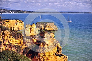 Scenic view of rocky beach in Algarve