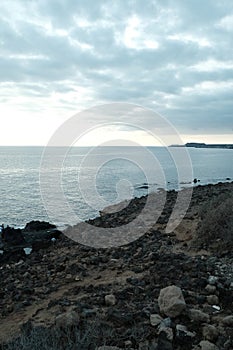 Scenic view of a rocky beach shoreline with lush grass and the peaceful backdrop of the ocean