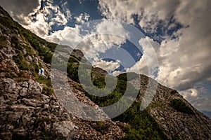 Scenic view on rocky route Nandsteig from Puchberg to Kaiserstein on Rax plateau photo