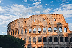 Scenic view of the Roman Colosseum in Rome, Italy at golden hour