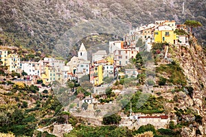 scenic view of romantic village on the rocky cliff at CinqueTerre national park, Liguria, Italy