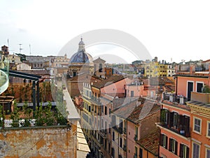 Scenic view from the roof top to the ancient buildings in Rome, Italy