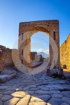 Scenic view of ruins at city of Pompeii with Vesuvio background photo