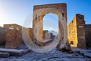 Scenic view of ruins at city of Pompeii with Vesuvio background photo
