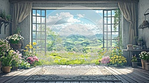 Scenic View from a Rustic Interior.