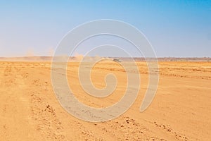 Scenic view of safari jeep at Chalbi Desert, Marsabit, Kenya