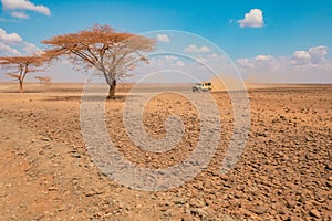 Scenic view of safari jeep at Chalbi Desert, Marsabit, Kenya