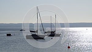 scenic view of sailing boats in the evening sun on lake Ammersee in Germany