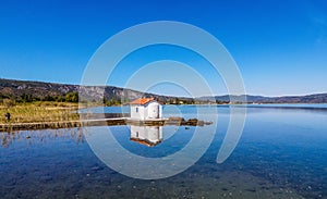 Scenic view of the Saint Therapon Orthodox church located at Gera Gulf, Lesvos, Greece