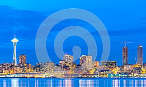 Scenic view of Seattle city in the night time with reflection of