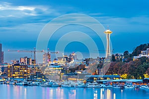Scenic view of Seattle city in the night time with reflection of water.