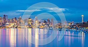 Scenic view of Seattle cityscape in the night time with reflection of the water,Seattle,Washington,USA..