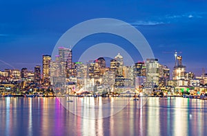 Scenic view of Seattle cityscape in the night time with reflection of the water,Seattle,Washington,USA..