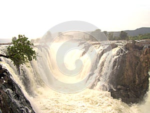 Scenic view of segmented waterfalls of River Kaveri with many channels on mountains