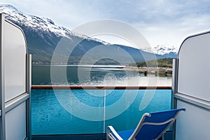 Scenic view of Skagway, Alaska from the balcony of a cruise ship