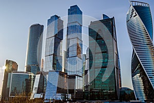 Scenic view with skyscrapers of the Moscow City International Business Center. Early morning view on high rise modern buildings