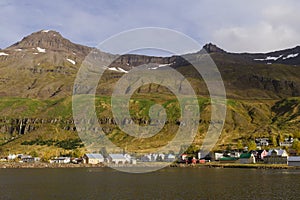 Scenic view of small town Seydisfjordur on East Iceland