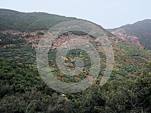 Scenic view of a small village and cultivations in the Atlas Mountains in Morocco