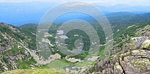 Scenic view of Snezne Jamy in Krkonose Giant Mountains with small glacial lakes in the distance, Czech Republic, Bohemian Region