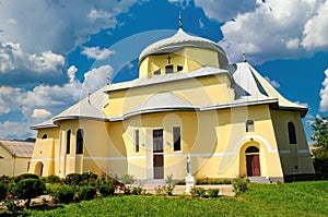 Scenic view of St Michael's Church built in 1924 in neo-baroque style, Vyzhnytsia, Bukovina, Ukraine photo