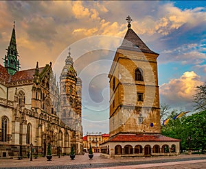 Scenic view of St. Urban Tower and Elisabeth cathedral in Kosice, Slovakia