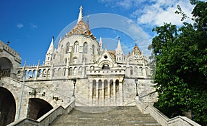 Scenic view of stairs of Fisherman`s Bastion and Matthias church in the morning, Castle hill in Buda, beautiful