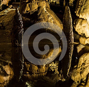 Scenic view of stalactite formations reflecting on water in Belianska Cave in Slovakia