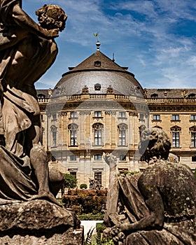 Scenic view of statues in front of Wurzburg residence palace. The Archbishop's residence in Wurzburg
