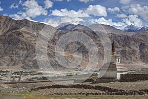 Scenic view of stupa roadside and sand mountain on the way to Hemis Monastery Ladakh ,India.