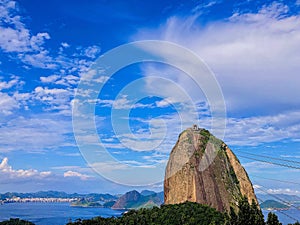 Scenic view of Sugarloaf Mountain against a blue cloudy sky in Rio de Janeiro, Brazil